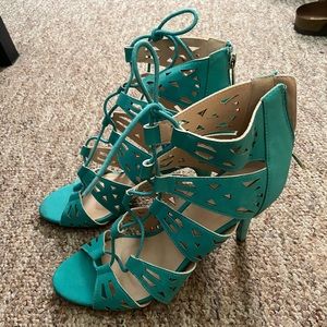 Light blue faux lace-up peep toe heels!